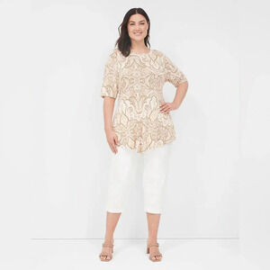 Lane Bryant Neutral Paisley Crewneck Short Sleeve Tunic Tee - Women's Size 18/20